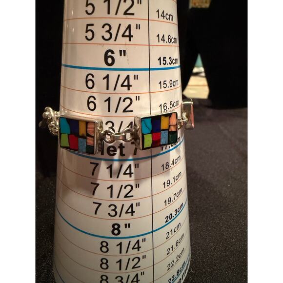 Mexican Sterling Silver 925 ATI Multi-Stone Inlay Mosaic Toggle Bracelet - Picture 5 of 15